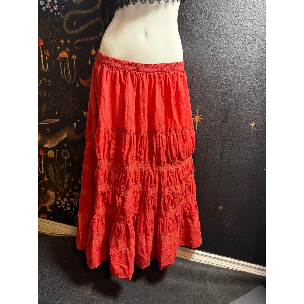 White Stag Burnt Coral Tiered Maxi Skirt Cotton Lace Trim Boho L 12/14 WS513807